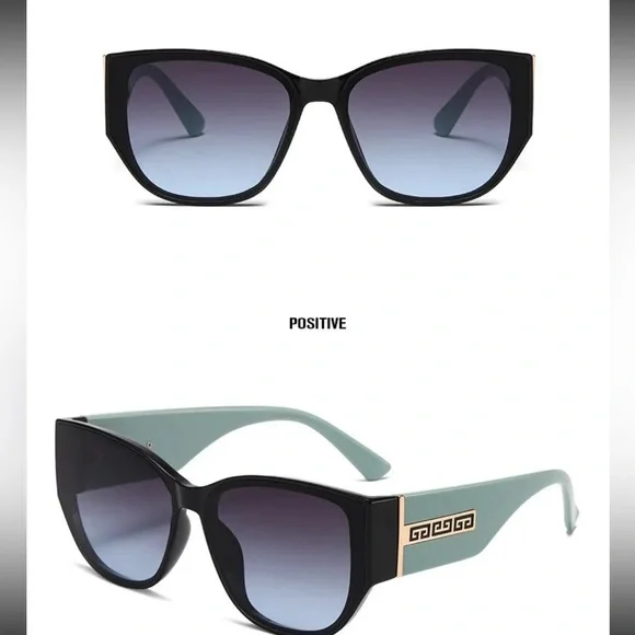 Black & Teal Cat Eye Sunglasses with Gold Geometric Arm Detail - Picture 2 of 2